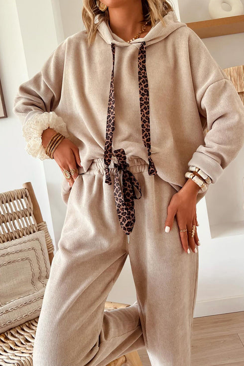 Leopard Tie Corduroy Hoodie High Waist Jogger Pant Set